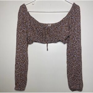 Garage Womens M Ava Tie Front Micro Long Sleeve Top Brown Floral Cut Out Boho
